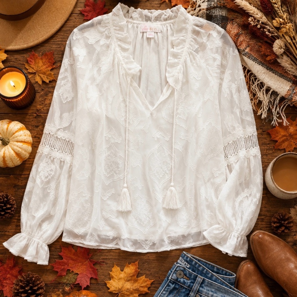 Belle by Kim Gravel White Embroidered Boho V-Neck Blouse